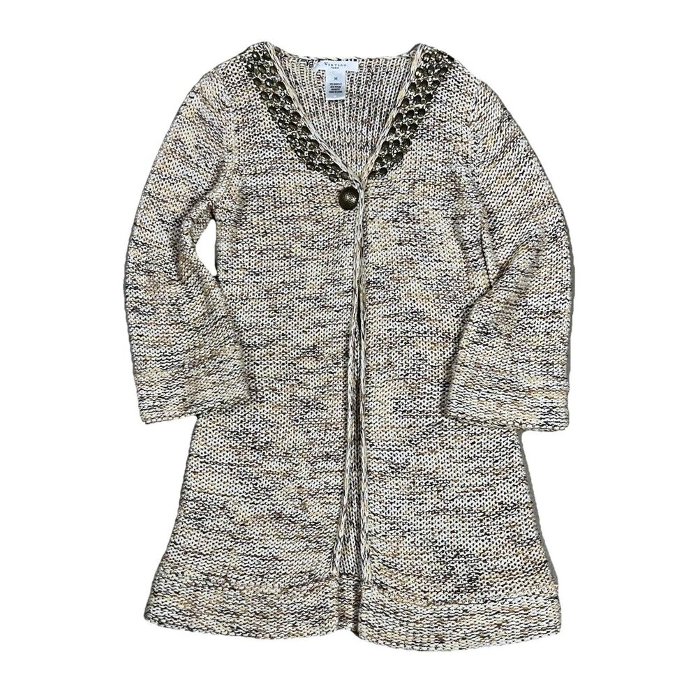 Vertigo Paris Crochet Open Knit Embellished Cardigan Duster Beige Boho Medium